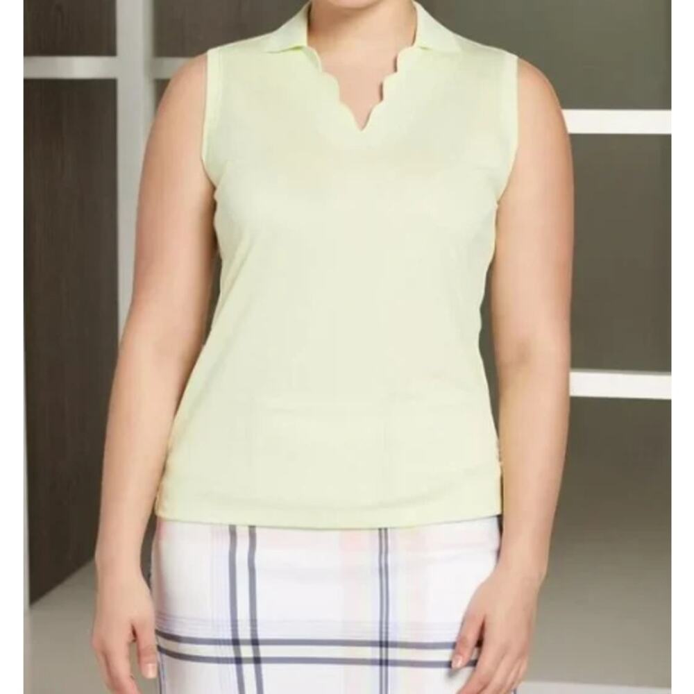 Walter Hagen Women's Lime Cream Clubhouse Scallop Sleeveless Golf Polo - Medium